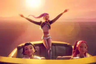 Οι χαρακτήρες του KPop Demon Hunters με φόντο το Netflix και το τραγούδι Golden