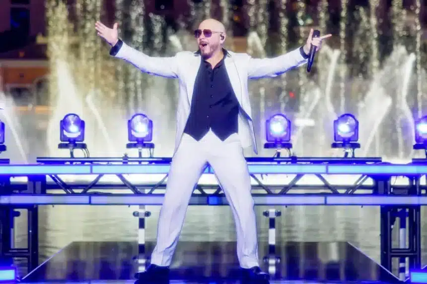 Pitbull on stage at Hyde Park during Guinness World Record bald caps attempt